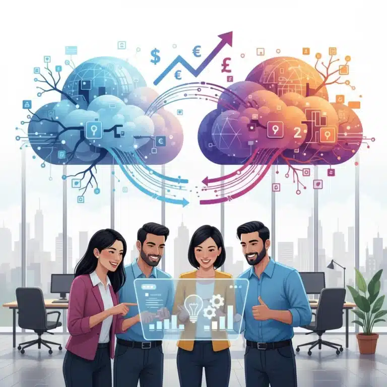 Representación visual de la nube híbrida conectando entornos públicos y privados, con profesionales de PYMES observando datos y proyecciones de ahorro.