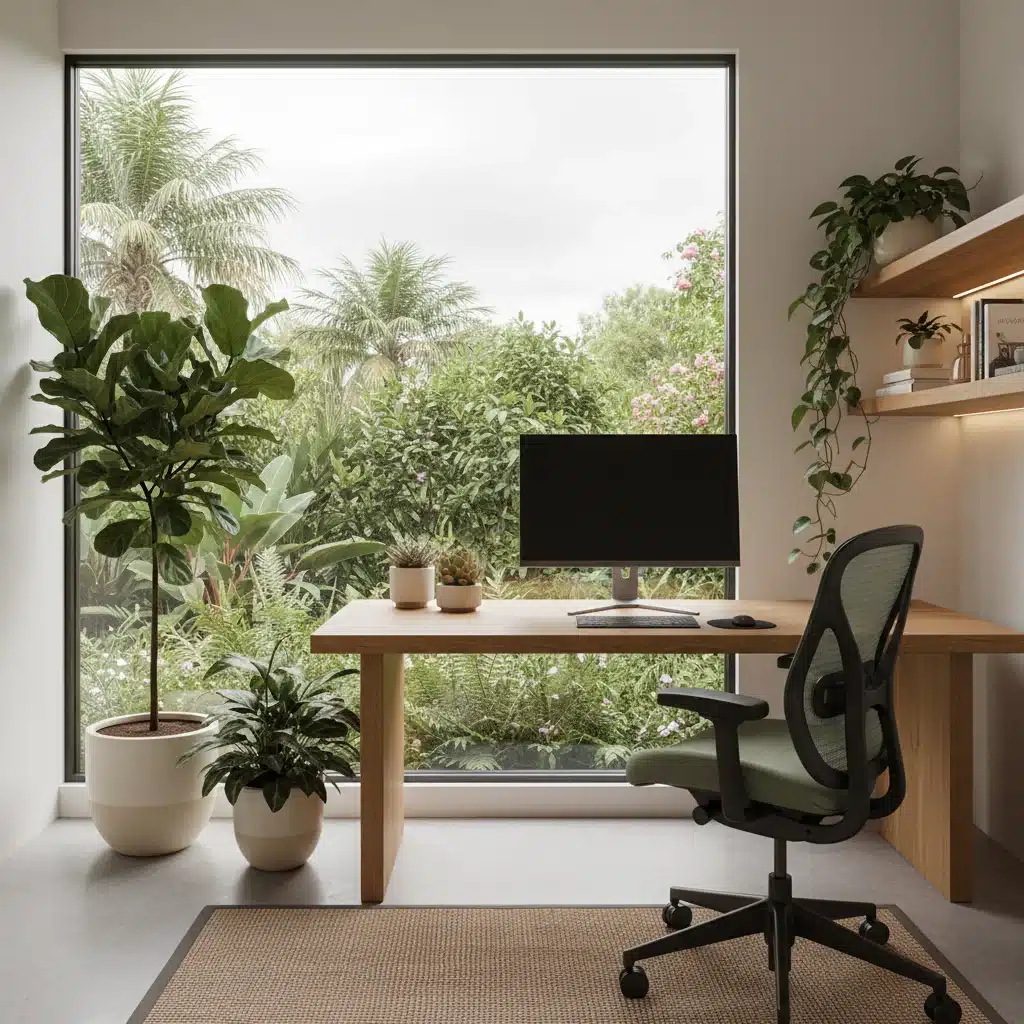 Oficina en casa serena con vistas a un jardín, plantas y mobiliario ergonómico, mostrando la tendencia biofílica en diseño interior.