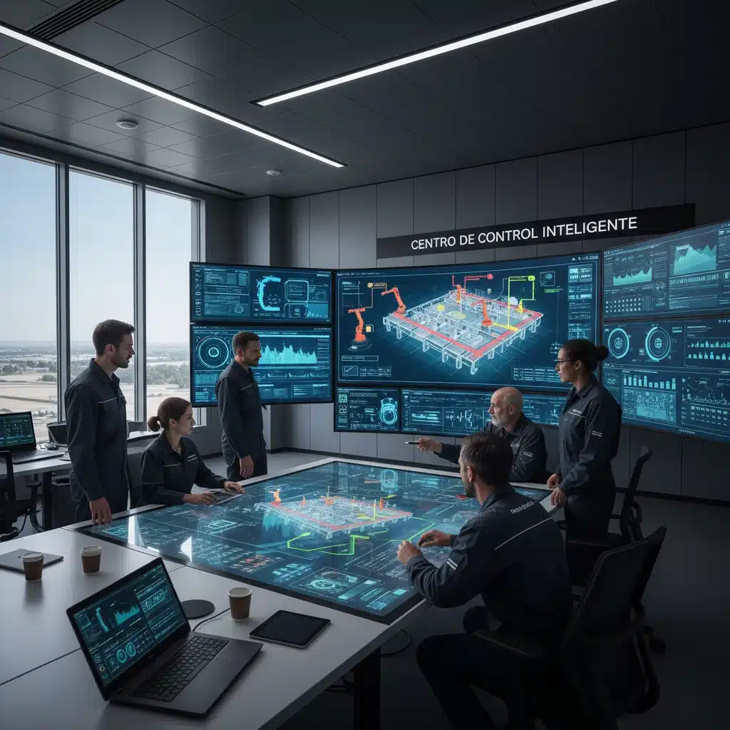Centro de control de fábrica inteligente con datos de realidad aumentada para optimización de procesos