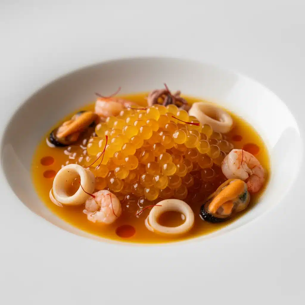 Paella esferificada con mariscos, ejemplo de gastronomía molecular y reinterpretación de un clásico.