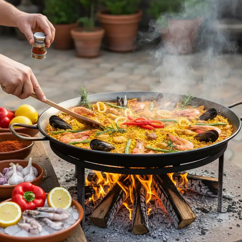 Auténtica paella española cocinándose al aire libre, un plato emblemático de la gastronomía.