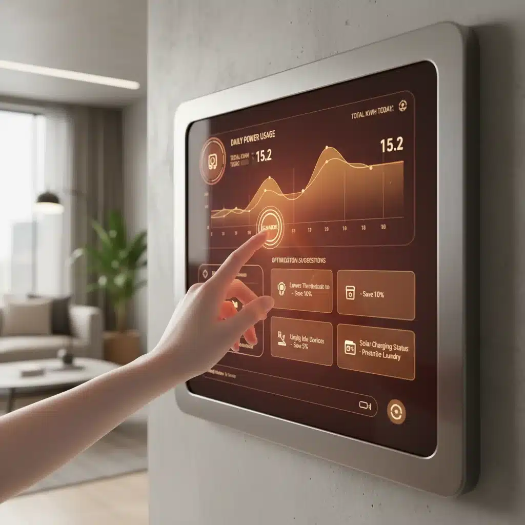 Panel de control de hogar inteligente mostrando datos de consumo energético personalizados y sugerencias de optimización, representando la personalización proactiva.