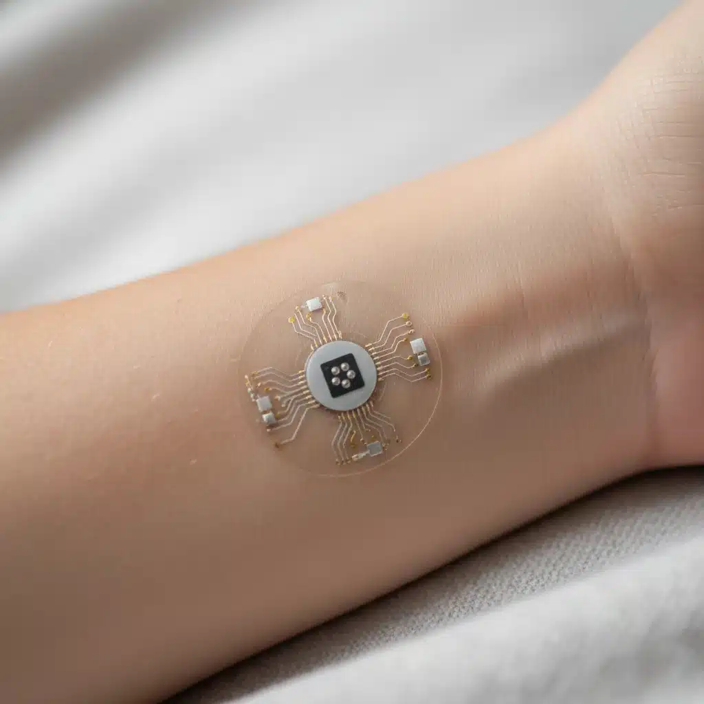 Parche inteligente discreto para monitoreo continuo de salud en el brazo.