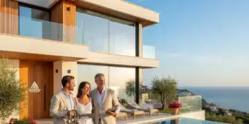 Pareja feliz mirando una casa moderna en España con un agente inmobiliario, simbolizando la compra de vivienda exitosa.
