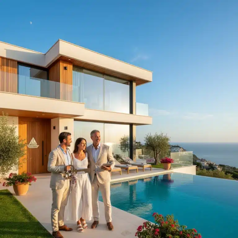 Pareja feliz mirando una casa moderna en España con un agente inmobiliario, simbolizando la compra de vivienda exitosa.