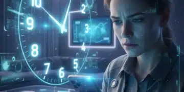 Reduce Tiempo Pantalla: 4 Métodos para 30 Minutos Diarios en 2026 Persona preocupada por el tiempo de pantalla excesivo en su smartphone, con un reloj de fondo.