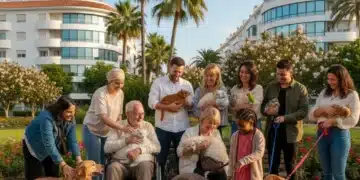 Personas interactuando felizmente con perros, gatos y aves en un parque, simbolizando la Ley de Bienestar Animal en España.