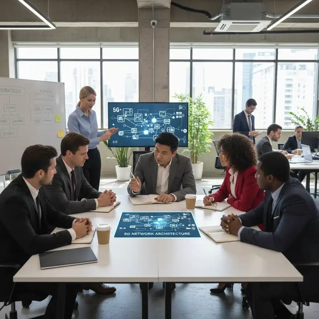 Profesionales discutiendo planes estratégicos para la implementación de 5G en un entorno empresarial colaborativo.