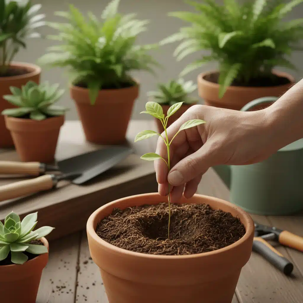 Mano plantando una pequeña plántula en una maceta con tierra fértil.