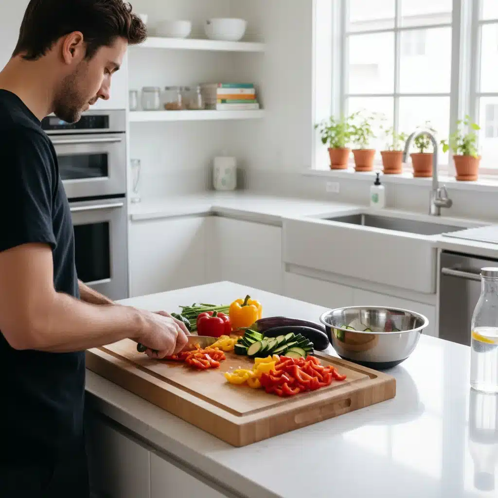 Manos cortando verduras frescas en una tabla de madera para una comida saludable en una cocina moderna.