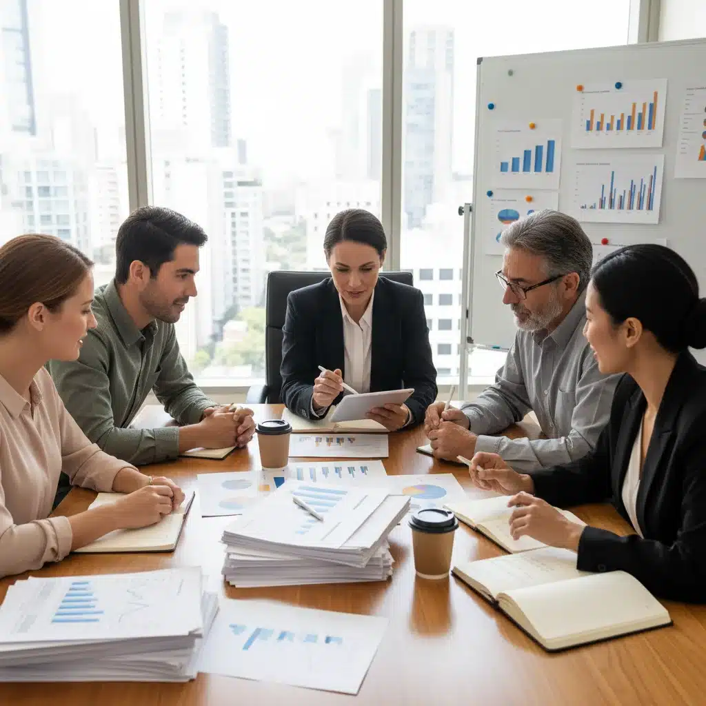 Grupo de personas colaborando en la creación de un presupuesto financiero detallado.