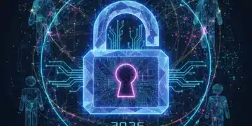 Icono de candado digital con brillo futurista sobre un fondo de líneas de datos, simbolizando la protección de la privacidad online en 2026.