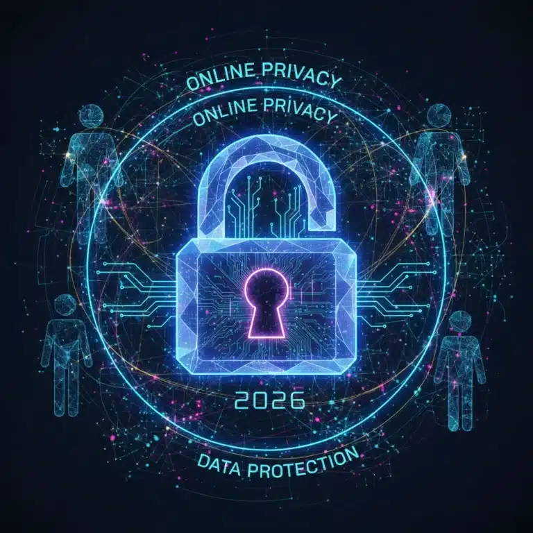 Icono de candado digital con brillo futurista sobre un fondo de líneas de datos, simbolizando la protección de la privacidad online en 2026.