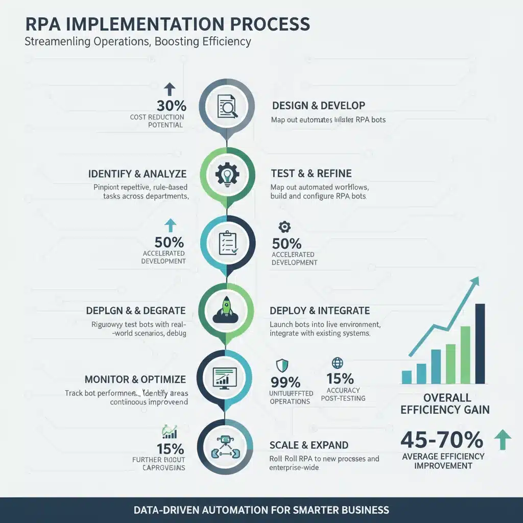Infografía detallada del proceso de implementación de RPA y sus fases clave.