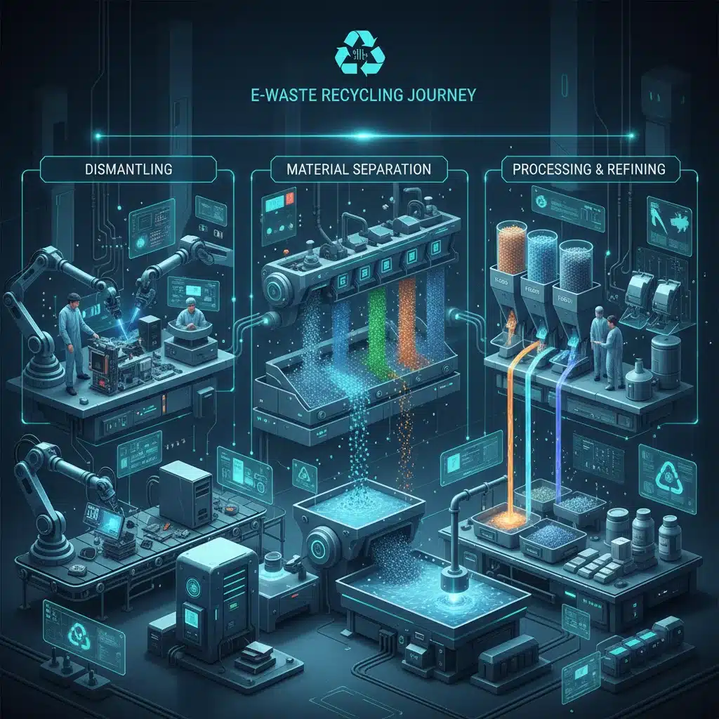 Diagrama del proceso de reciclaje de residuos electrónicos en una planta especializada.