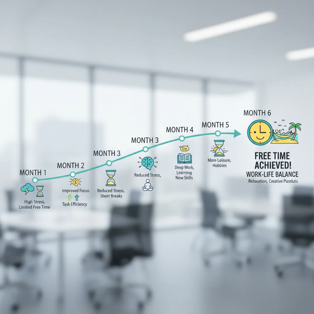 Diagrama de una línea de tiempo de seis meses que muestra el progreso hacia la ganancia de tiempo libre y la reducción del estrés.
