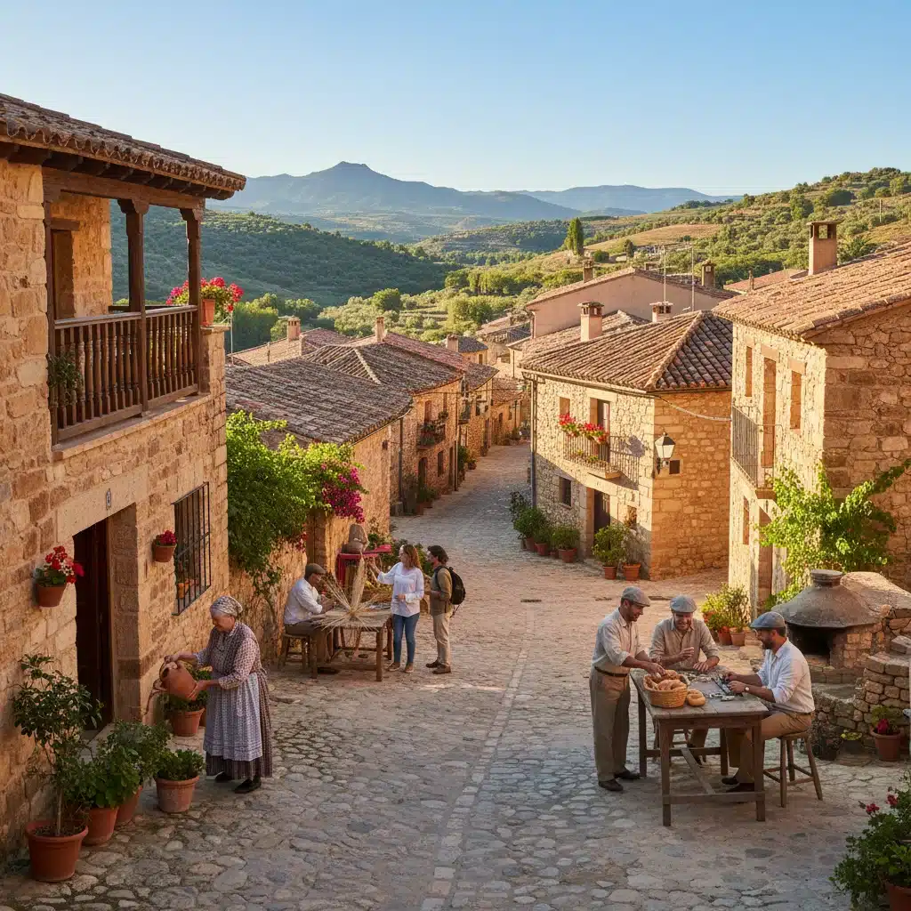 Pueblo español pintoresco con calles adoquinadas y arquitectura histórica, reflejando turismo sostenible.