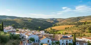 Pueblo español pintoresco en un valle verde, simbolizando una escapada sostenible.