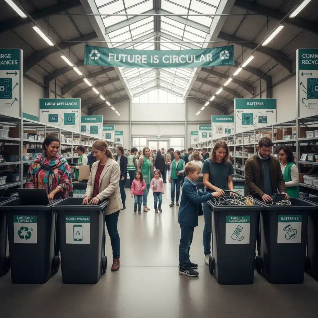 Personas depositando sus aparatos electrónicos viejos en contenedores específicos de un punto limpio.