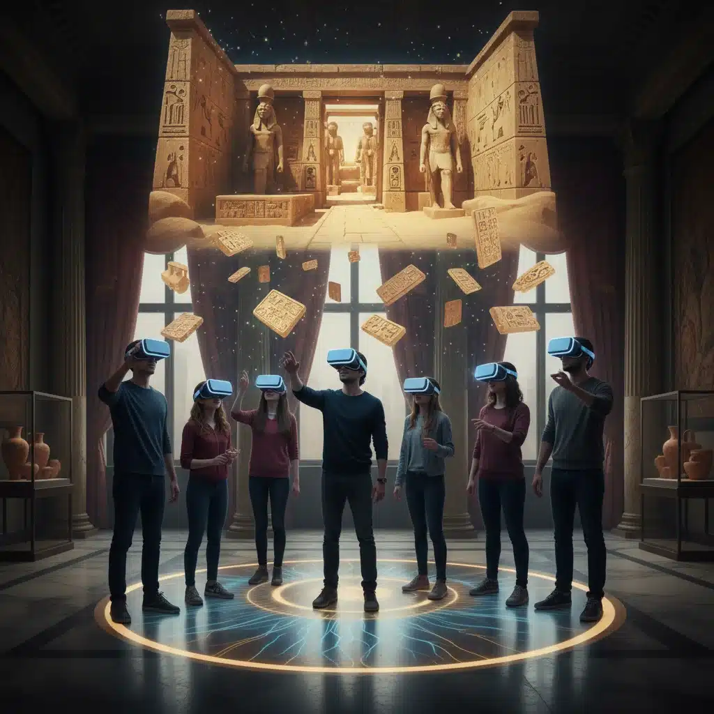 Visitantes de museo con gafas de realidad virtual explorando artefactos antiguos en un entorno inmersivo.