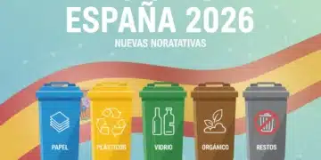 Contenedores de reciclaje de colores con la bandera española y el texto 'Reciclaje España 2026: Nuevas Normativas'