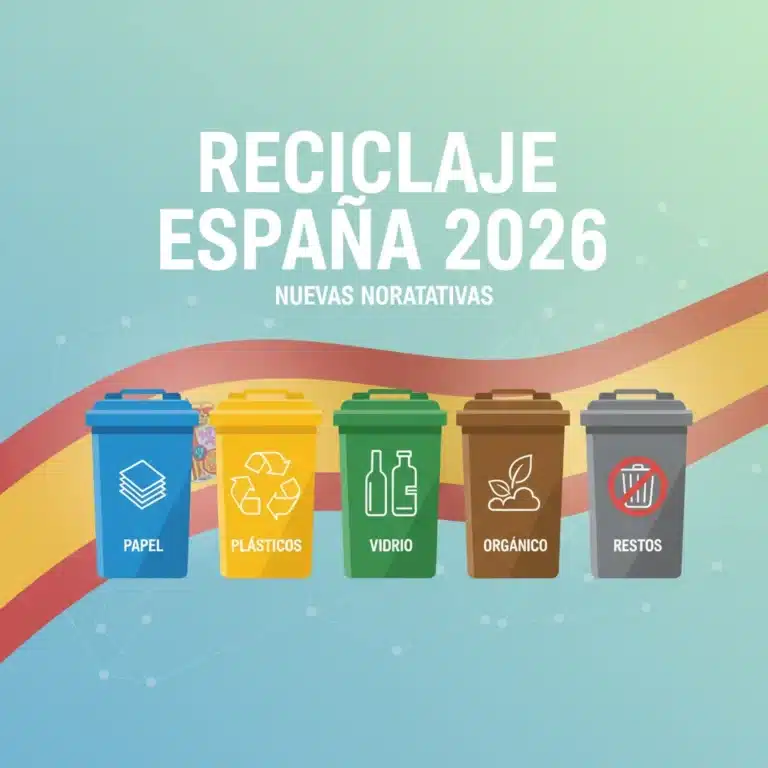 Contenedores de reciclaje de colores con la bandera española y el texto 'Reciclaje España 2026: Nuevas Normativas'