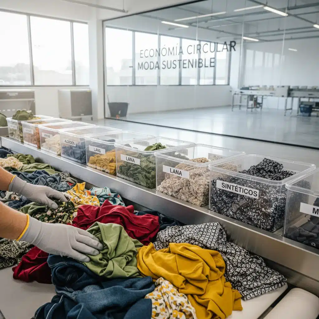 Manos trabajando en una fábrica española, clasificando textiles reciclados, representando la economía circular en la moda.