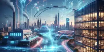 Red 5G conectando empresas y ciudades inteligentes en España, representando la adopción tecnológica y el futuro digital.