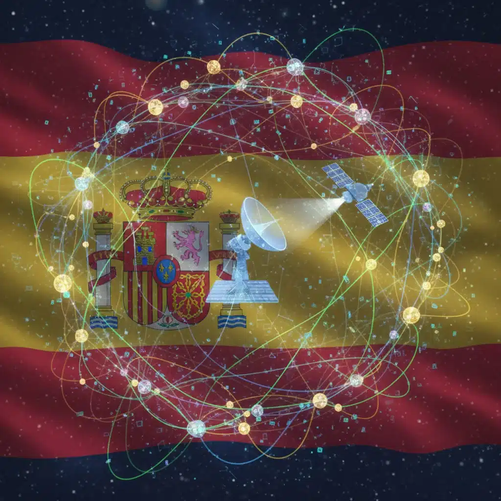 Red cuántica interconectada con nodos y líneas, simbolizando la comunicación segura y el entrelazamiento cuántico en España.