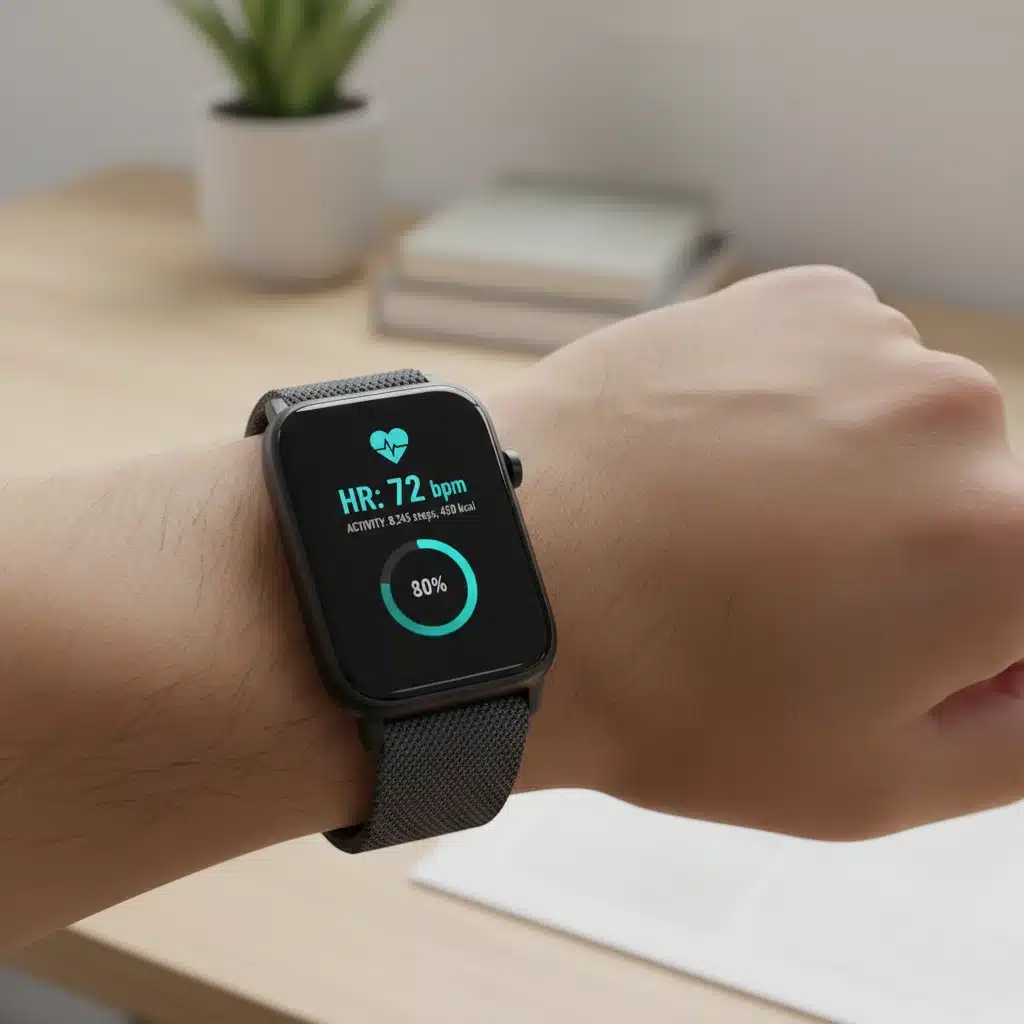Reloj inteligente mostrando datos de salud en la muñeca de una persona.