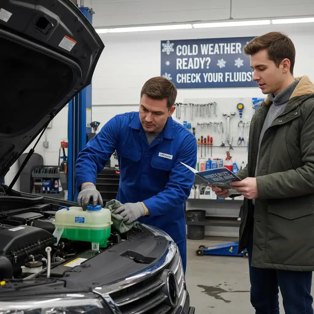 Mecánico revisando el nivel de anticongelante en el motor de un coche, en un taller.