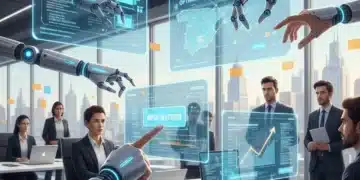 Robots colaborando con humanos en una oficina moderna española, simbolizando el aumento de productividad con RPA.