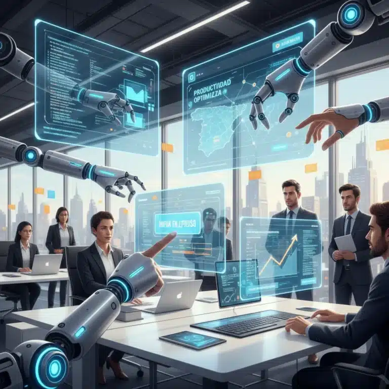 Robots colaborando con humanos en una oficina moderna española, simbolizando el aumento de productividad con RPA.