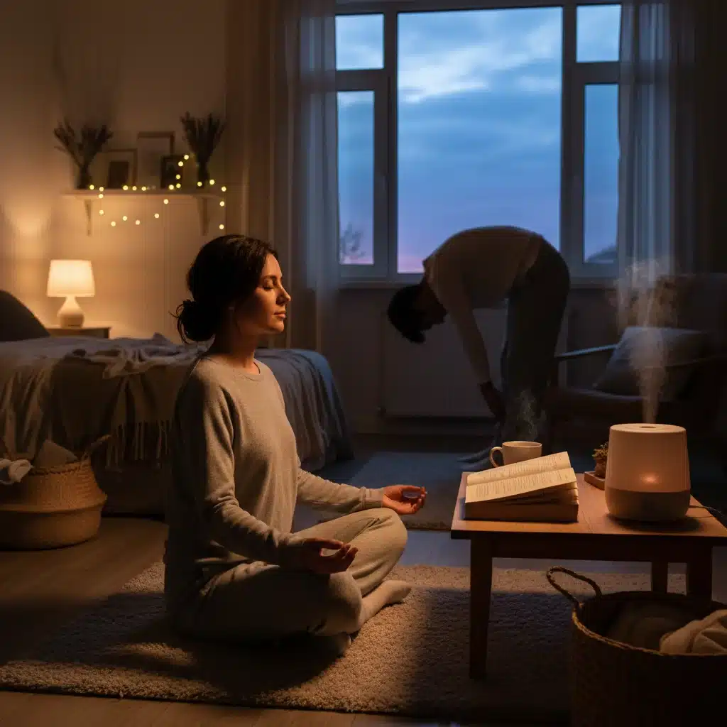 Persona realizando rutina de relajación nocturna antes de dormir para mejorar el sueño.