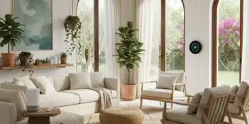 Salón moderno y luminoso con plantas, muebles cómodos y tecnología integrada, reflejando el diseño interior para el bienestar en España.