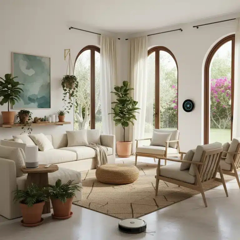 Salón moderno y luminoso con plantas, muebles cómodos y tecnología integrada, reflejando el diseño interior para el bienestar en España.