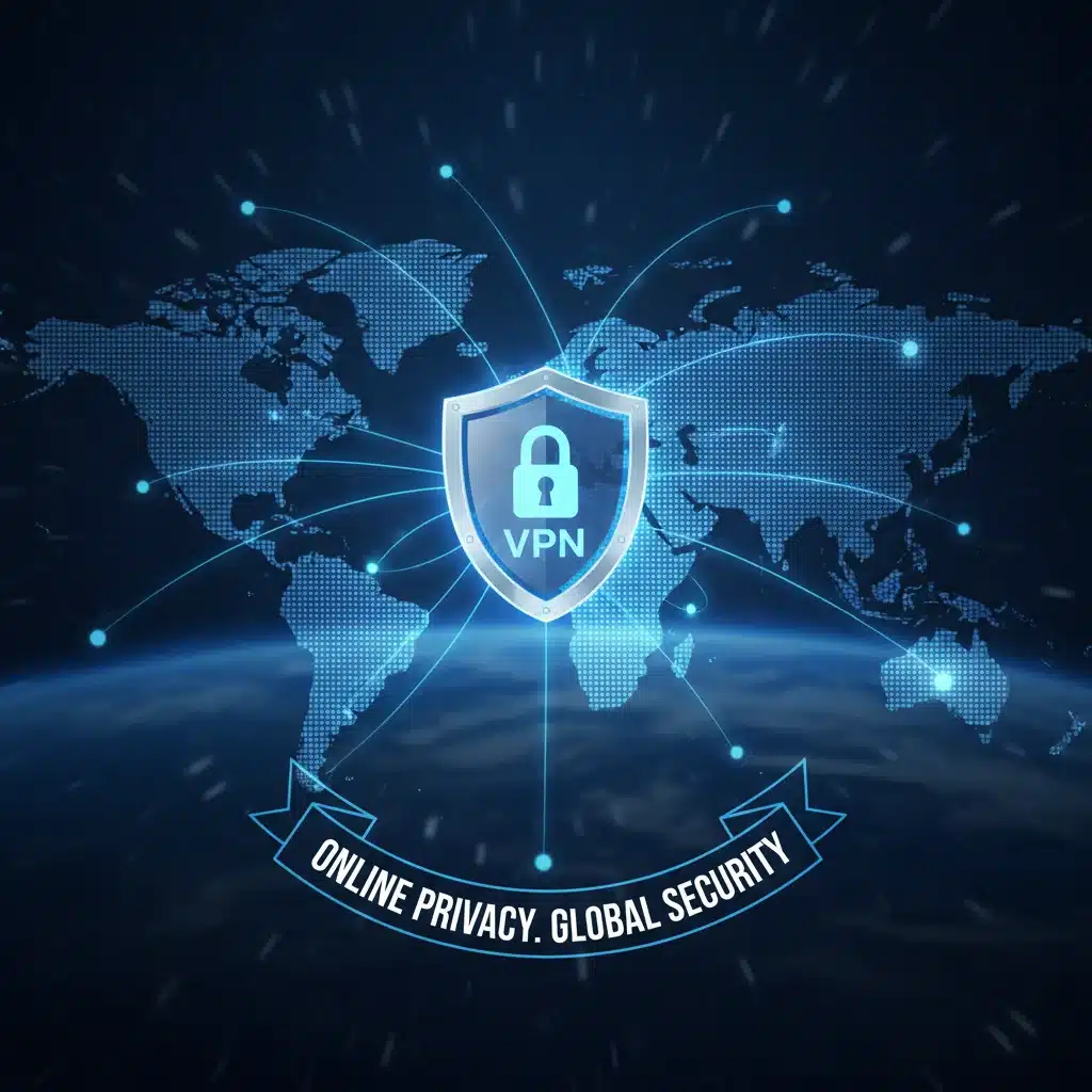Red global de puntos de datos interconectados con un escudo central, simbolizando conexiones de red seguras y VPNs.