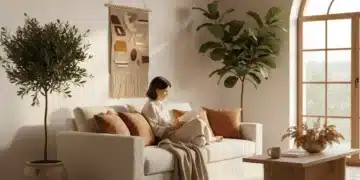 Salón minimalista y acogedor en un hogar español, ejemplificando el slow living.