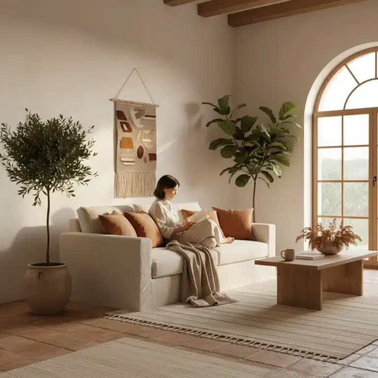 Salón minimalista y acogedor en un hogar español, ejemplificando el slow living.