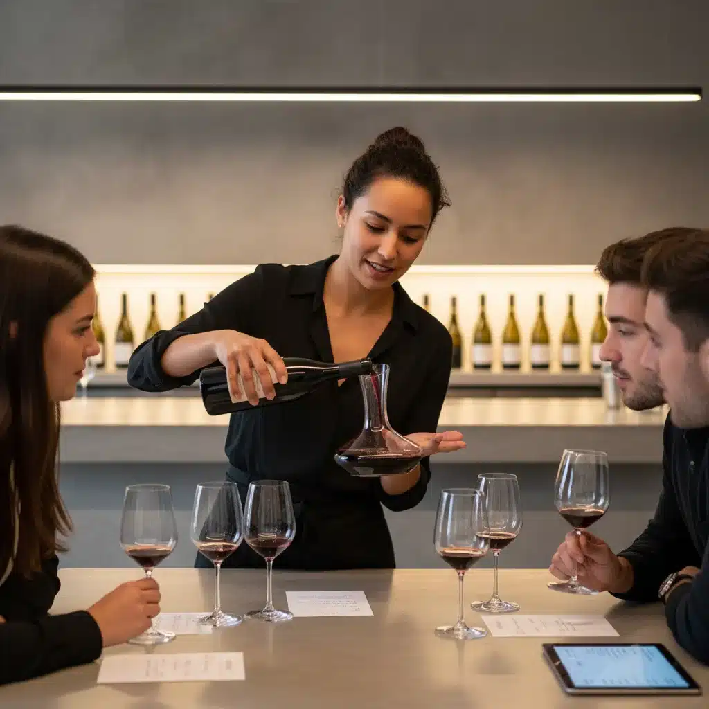 Sommelier explicando las características del vino a jóvenes en una cata moderna.
