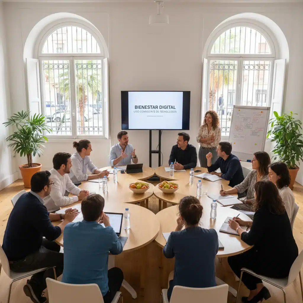 Grupo diverso en un taller de bienestar digital en España, aprendiendo sobre el uso consciente de la tecnología.