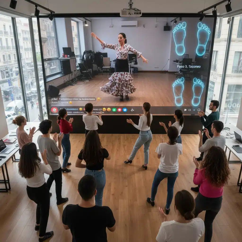 Grupo de jóvenes españoles aprendiendo flamenco en un taller online interactivo, con un instructor remoto y herramientas digitales.