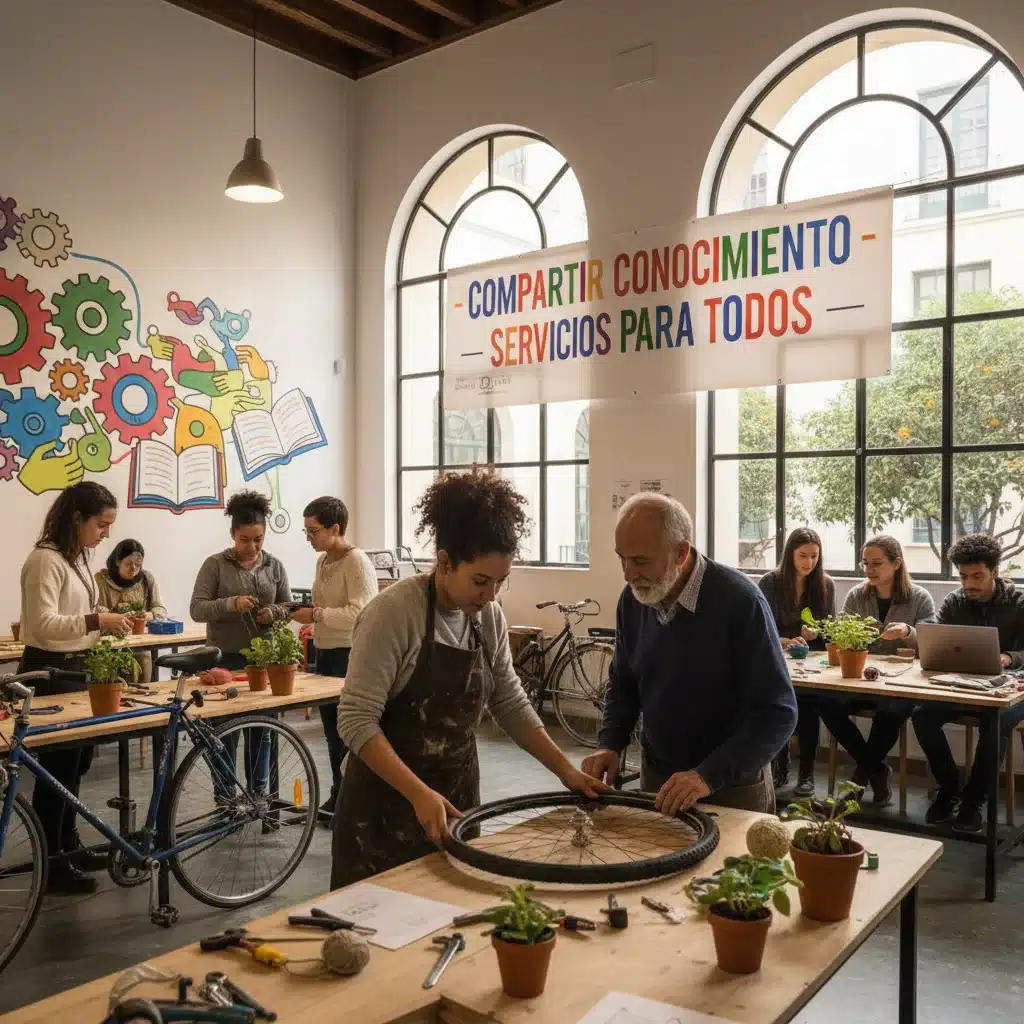 Taller de intercambio de habilidades en España, reparando una bicicleta.