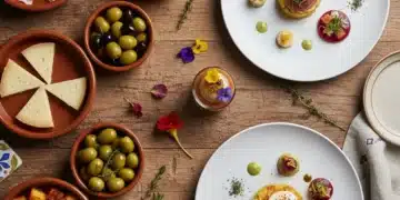 Variedad de tapas españolas modernas y tradicionales en una mesa rústica, representando la evolución de la gastronomía.