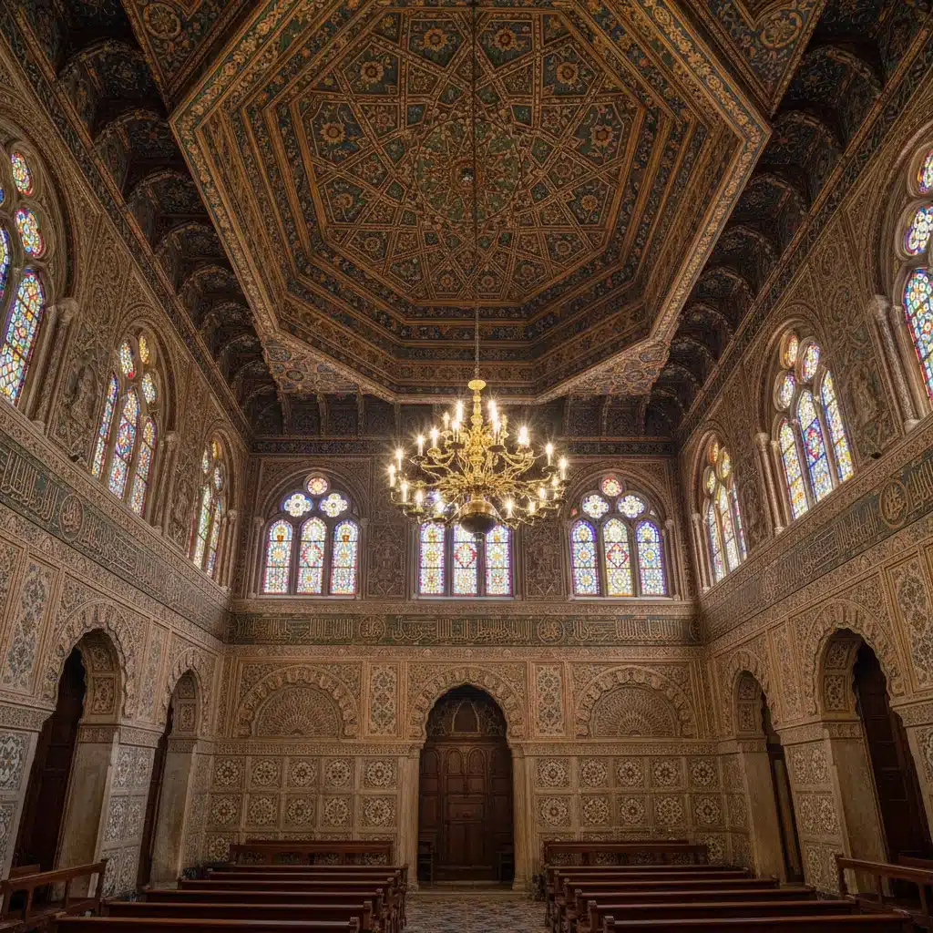 Techo de artesonado mudéjar en una iglesia española, mostrando patrones geométricos y la fusión de estilos.