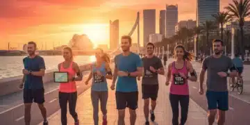 Tecnología Vestible: Transformando la Salud en España Personas usando tecnología vestible para monitorear su salud al aire libre en España.
