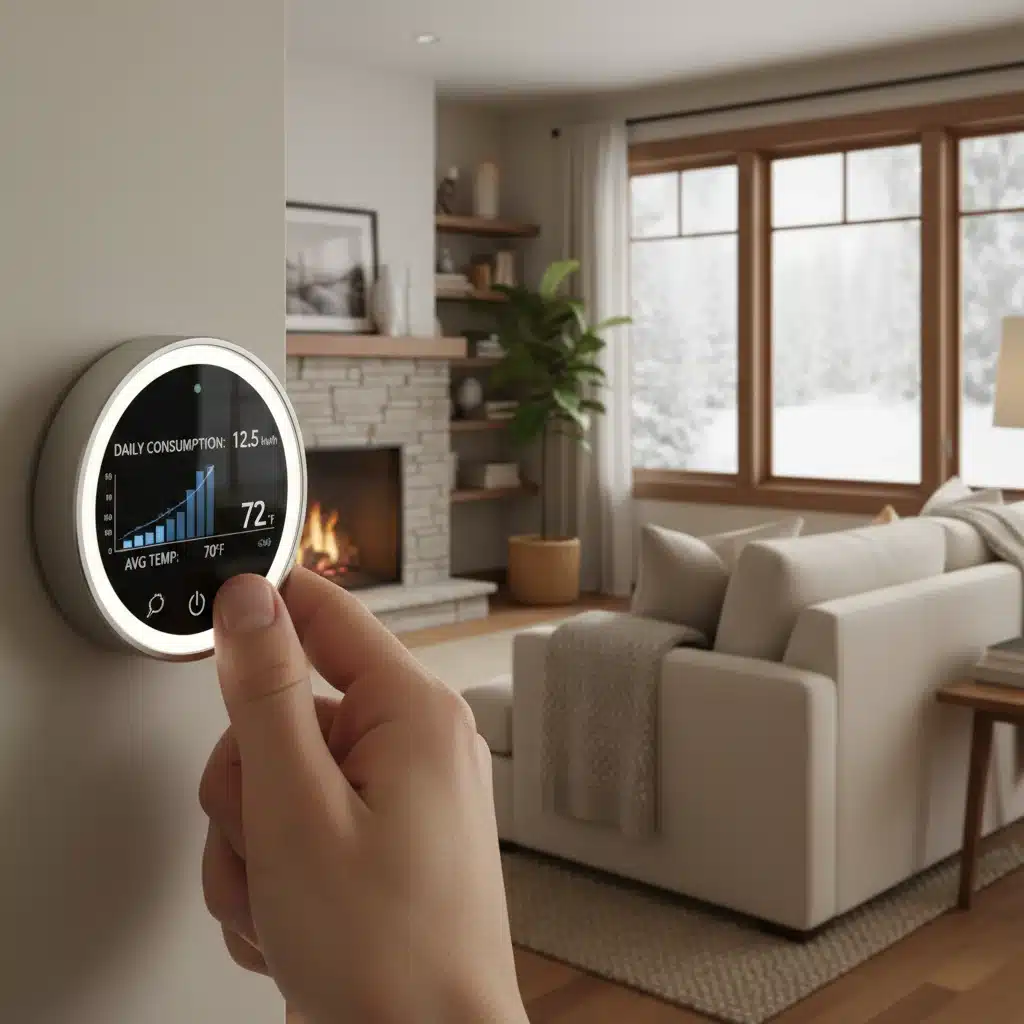 Termostato inteligente mostrando datos de consumo energético y una mano ajustando la temperatura