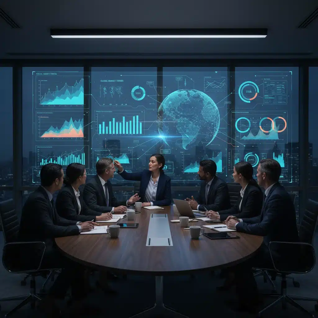 Equipo directivo analizando visualizaciones de datos en una pantalla interactiva para la toma de decisiones estratégicas.