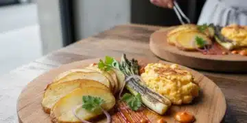 Tortilla española deconstruida con toques modernos y coloridos en un restaurante de alta cocina.