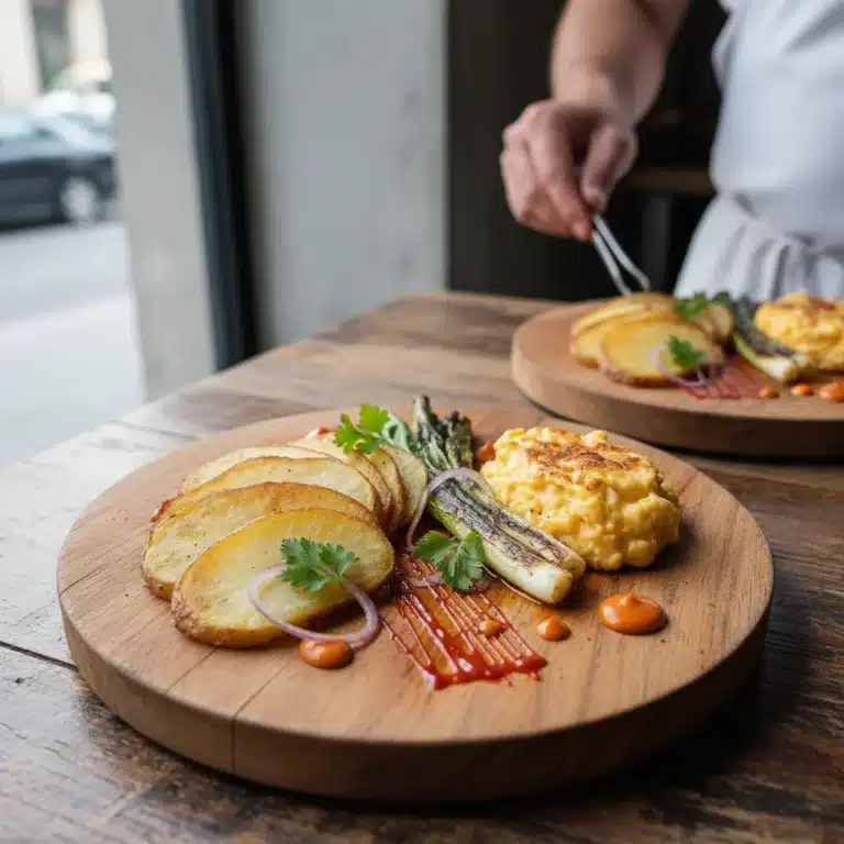 Tortilla española deconstruida con toques modernos y coloridos en un restaurante de alta cocina.